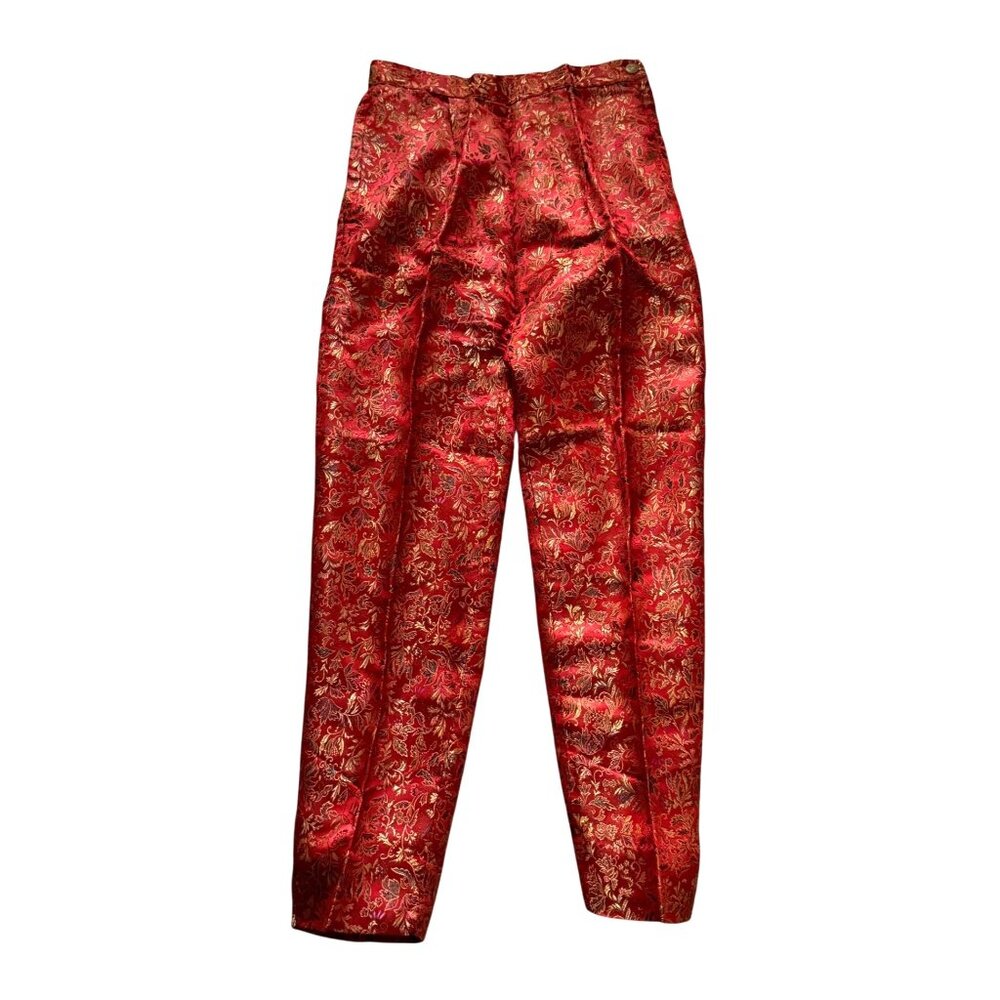 Metallic Jacquard Tapered Leg Pants Women's Orange Floral Bohemian Hippie - Picture 1 of 7